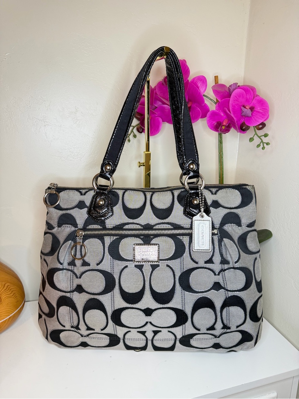 Coach Monogram Poppy Glam Tote in Black and Gray